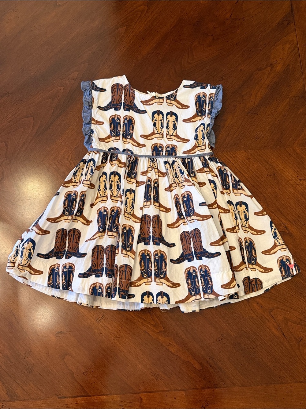 Pink Chicken White Cowboy Boot Print Dress with Navy and Brown 2Y